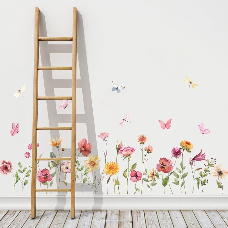 Kasubeso Watercolor Garden Flower Wall Decals, Peel and Stick Creative Colorful Butterfly Floral Wall Stickers, Multicolor Wildflower Wall Decor for Girls Room Nursery Bedroom Window - Image 1
